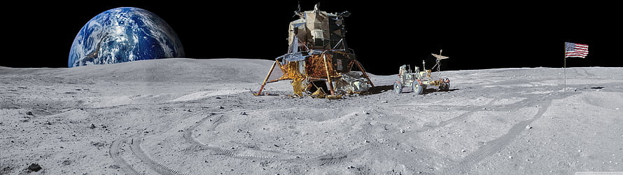 Astronaut Lunar Module and Rover on Moon Surface with Earth in Background HD wallpaper