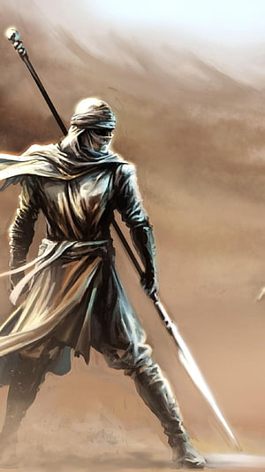 Desert Warrior Concept Art: Hooded Fighter with Spear in Sandstorm HD phone wallpaper