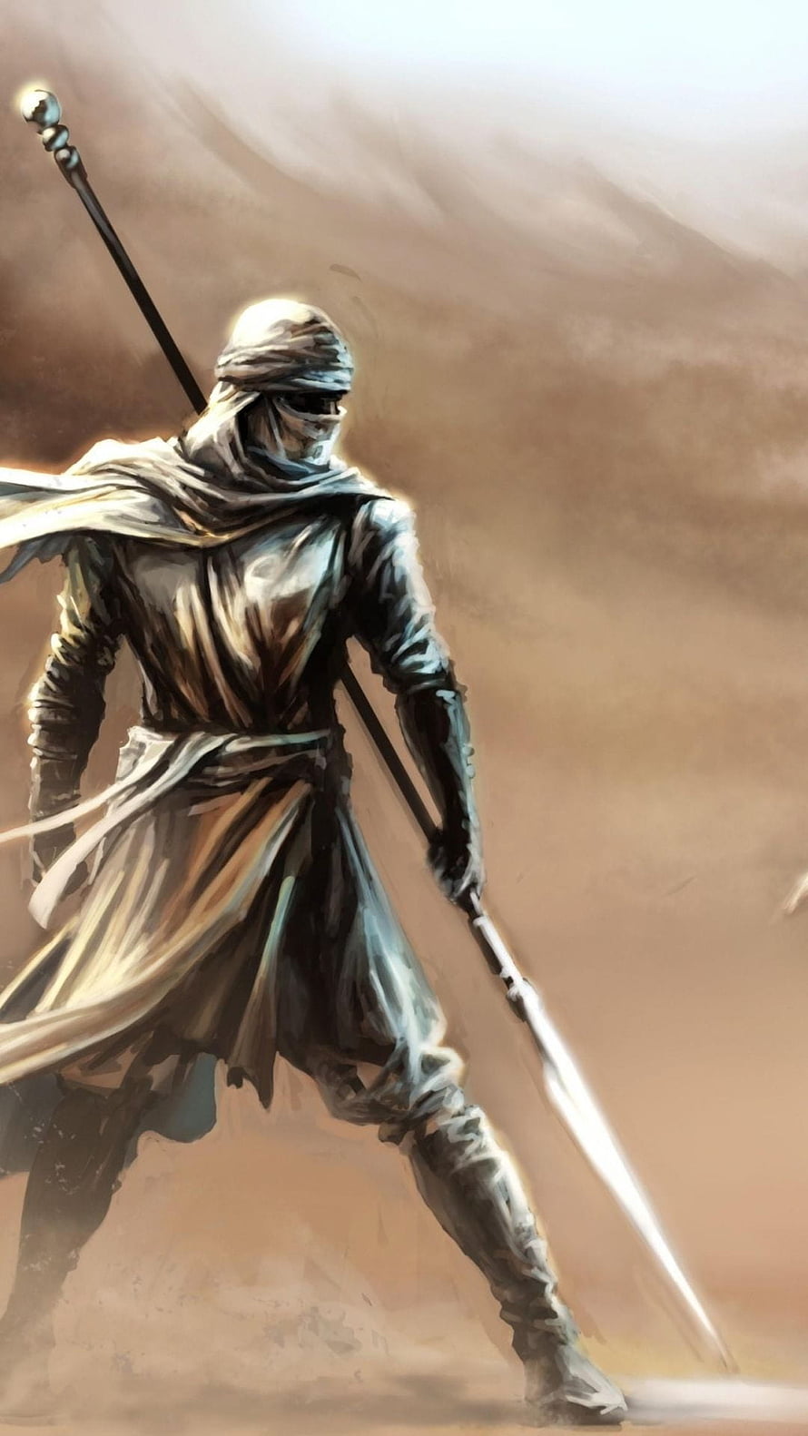 Desert Warrior Concept Art: Hooded Fighter with Spear in Sandstorm HD phone wallpaper