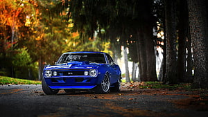 Blue 1969 Chevrolet Camaro SS Classic Muscle Car Parked on a Forest Road HD wallpaper