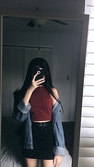 Woman Taking Mirror Selfie in Red Top and Denim Jacket, Ulzzang Girl, aesthetic korean girl HD phone wallpaper