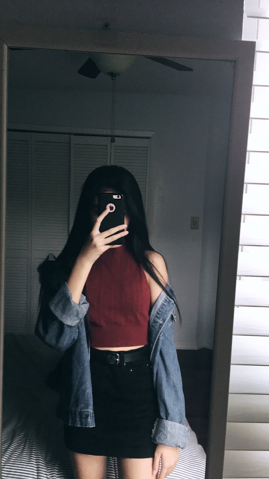 Woman Taking Mirror Selfie in Red Top and Denim Jacket, Ulzzang Girl, aesthetic korean girl HD phone wallpaper
