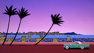 Hiroshi Nagai Retro Coastal Cityscape with Palm Trees and Classic Car HD wallpaper