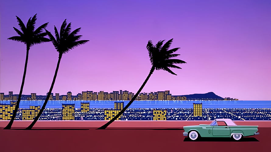 Hiroshi Nagai Retro Coastal Cityscape with Palm Trees and Classic Car HD wallpaper