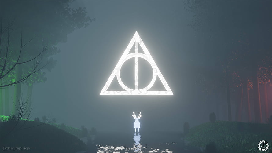 Glowing Deathly Hallows Symbol Hovering Over a Misty Forest with a White Deer HD wallpaper