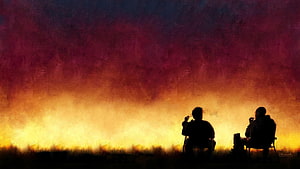 Silhouettes of Two Friends Sitting and Drinking at Sunset HD wallpaper