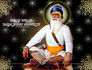 Baba Deep Singh Ji sitting with open book and sword, Sikh warrior saint portrait with ornate golden background HD wallpaper