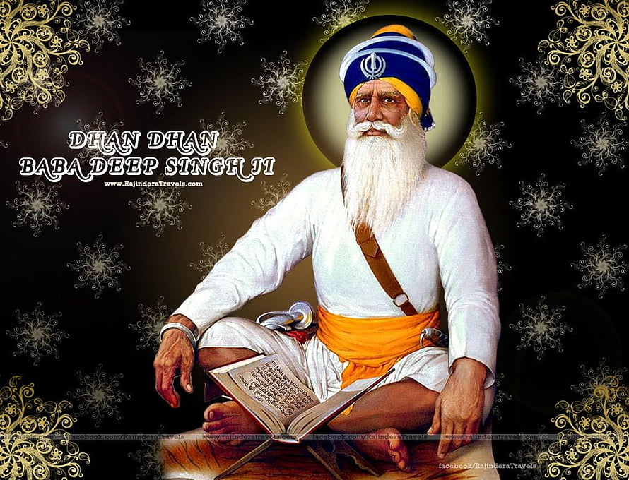Baba Deep Singh Ji sitting with open book and sword, Sikh warrior saint portrait with ornate golden background HD wallpaper