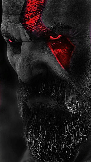 Kratos God of War Close-Up Portrait with Glowing Red War Paint and Intense Eyes HD phone wallpaper