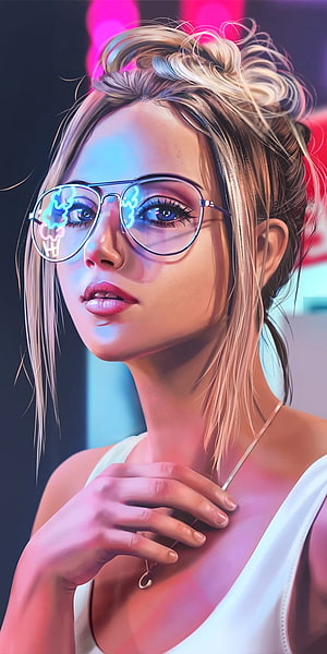 Digital Art Portrait of a Blonde Woman Wearing Round Glasses with Neon Reflections, beautiful, beautiful girl, beauty, cartoon, colorful, design, drawing, fashion, fashionable, girly, illustration, illustration girl, inspiration, kawaii, korean, luxury, makeup, pastel, pretty HD phone wallpaper
