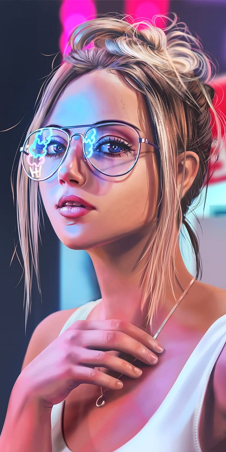 Digital Art Portrait of a Blonde Woman Wearing Round Glasses with Neon Reflections, beautiful, beautiful girl, beauty, cartoon, colorful, design, drawing, fashion, fashionable, girly, illustration, illustration girl, inspiration, kawaii, korean, luxury, makeup, pastel, pretty HD phone wallpaper