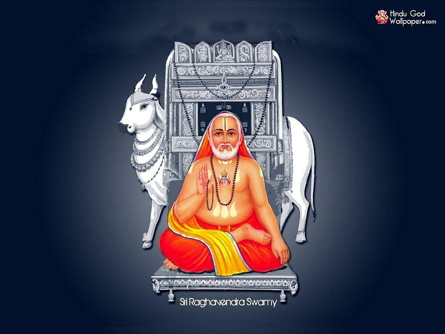 Sri Raghavendra Swamy Hindu Saint Sitting With White Bull And Ornate Throne HD wallpaper