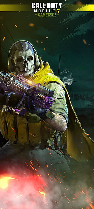 Ghost Jawbone Operator in Call of Duty Mobile Holding Purple Weapon Amidst Battlefield Sparks HD phone wallpaper