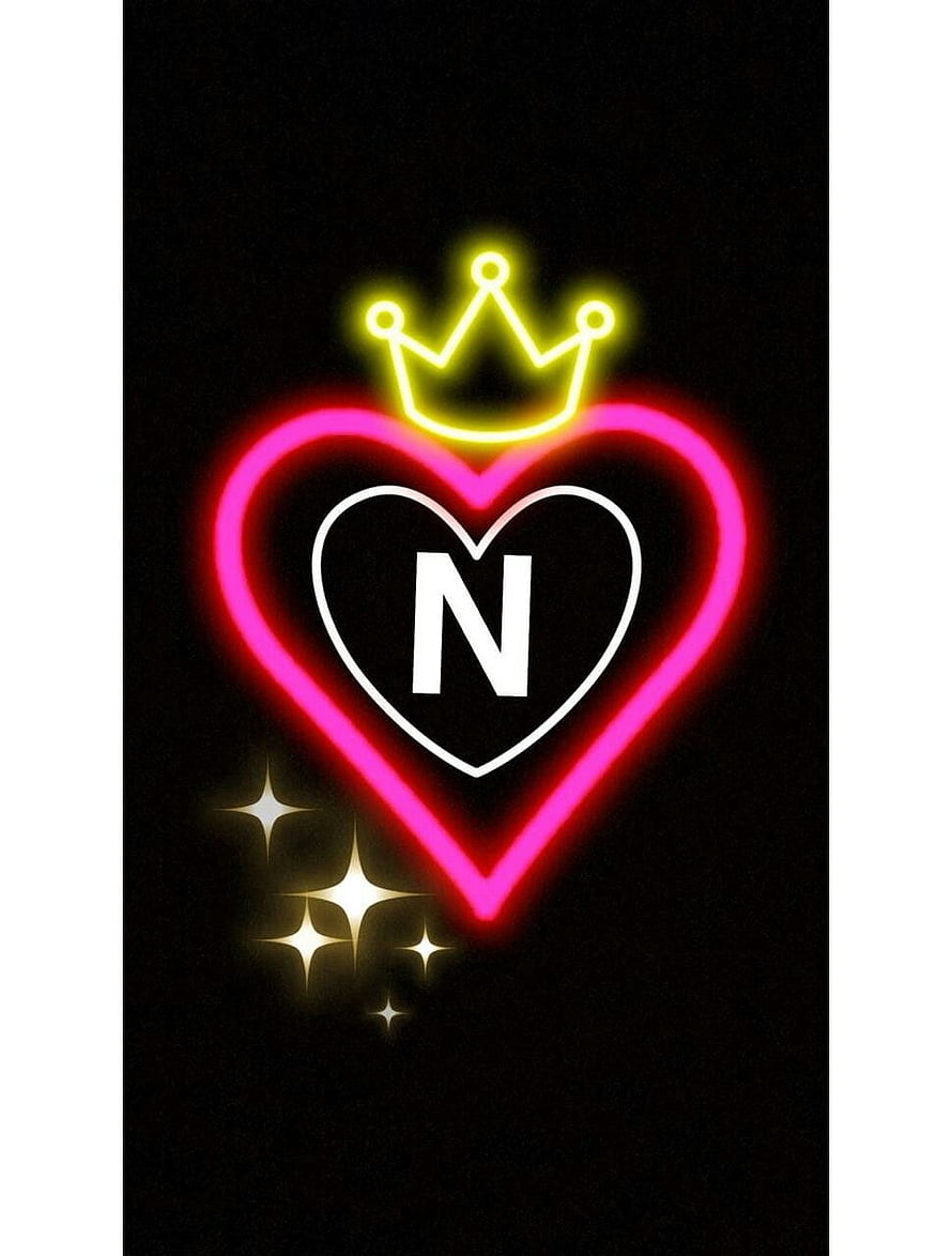 Neon Pink Heart With Letter N And Yellow Crown On Black Background HD phone wallpaper