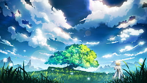 Lumine Gazing at a Luminous Tree in a Genshin Impact Grassland Landscape HD wallpaper