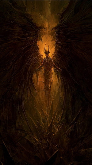 Dark Fantasy Demon with Massive Wings and Fiery Crown in Golden Light HD phone wallpaper