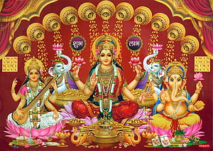 Lakshmi, Ganesha, and Saraswati on Lotus Thrones with Gold Kalash and Diya HD wallpaper