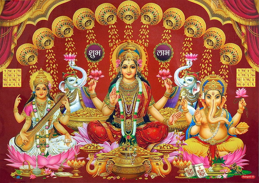 Lakshmi, Ganesha, and Saraswati on Lotus Thrones with Gold Kalash and Diya HD wallpaper