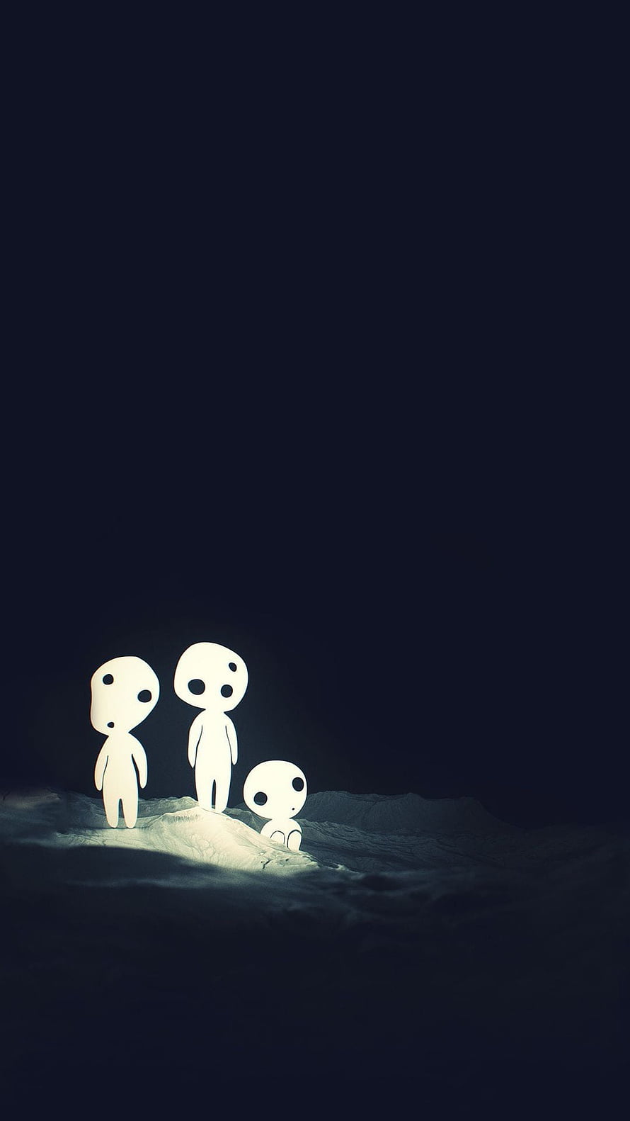 Three Minimalist White Figures Standing on a Moonlit Rocky Landscape in a Dark Night Scene HD phone wallpaper