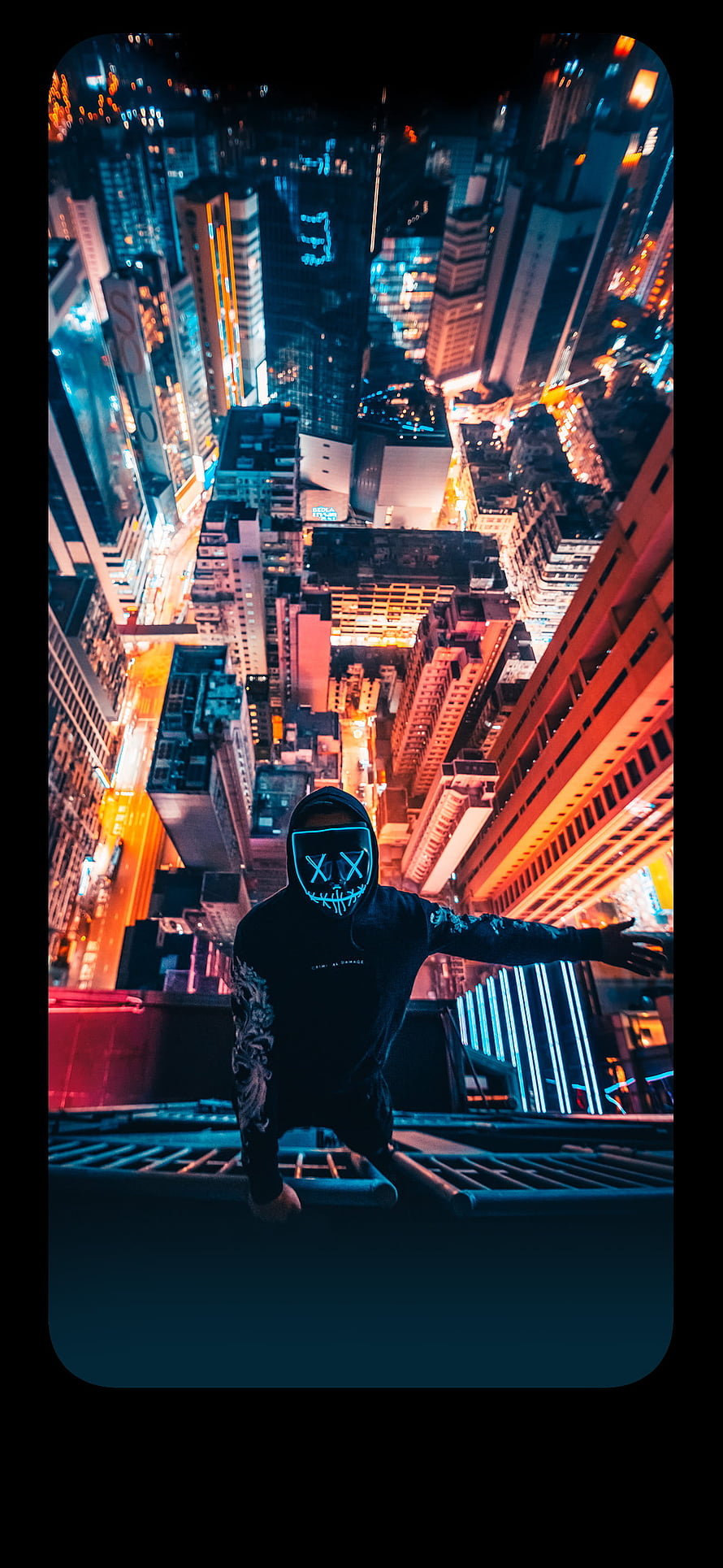 Cyberpunk Hacker in Neon City with Glowing LED Mask HD phone wallpaper