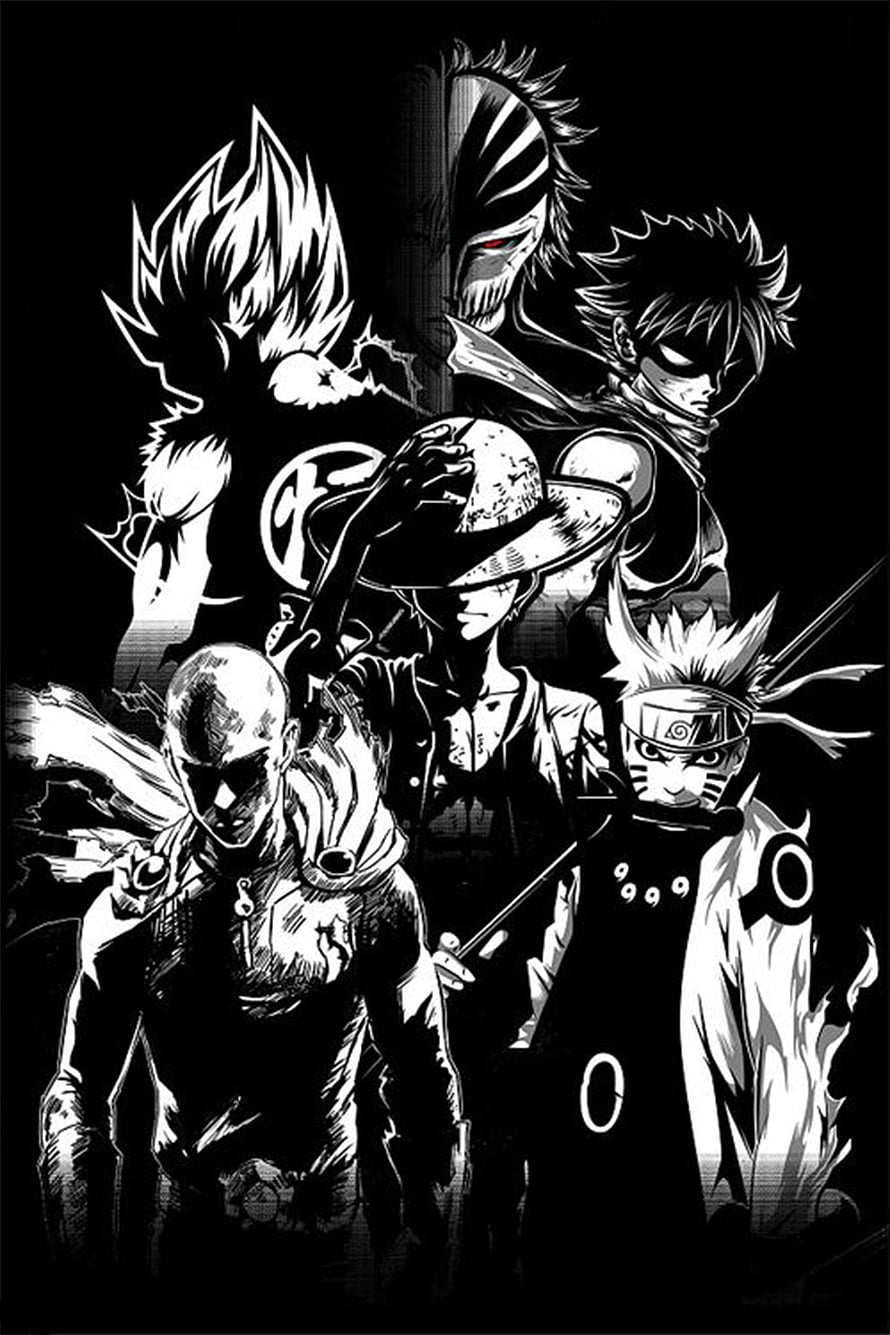 Monochrome Anime Villain Ensemble with Intense Expressions and Dramatic Lighting HD phone wallpaper