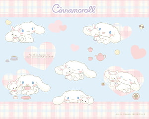 Cute Cinnamoroll and Mofumofu Tea Time Illustration with Pastel Hearts and Plaid Pattern HD wallpaper