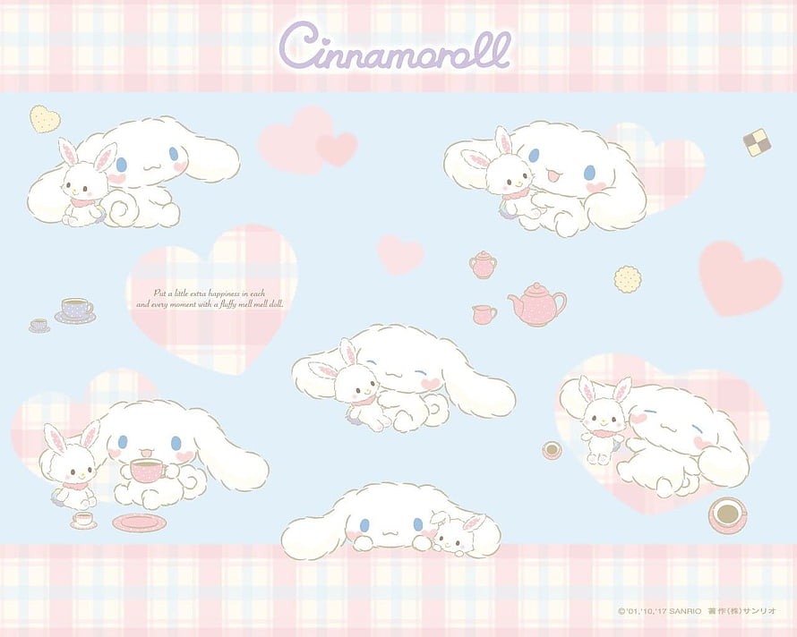 Cute Cinnamoroll and Mofumofu Tea Time Illustration with Pastel Hearts and Plaid Pattern HD wallpaper