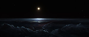 Mystical Moonlit Ocean Panorama with Dark Stormy Clouds and Starry Night Sky HD wallpaper