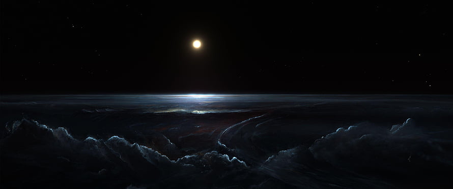 Mystical Moonlit Ocean Panorama with Dark Stormy Clouds and Starry Night Sky HD wallpaper
