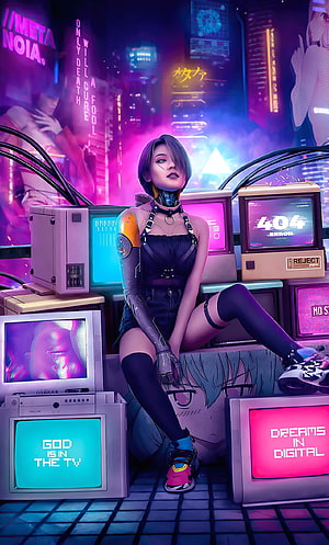 Cyberpunk Girl Sitting Among Retro CRT Monitors in Neon City HD phone wallpaper