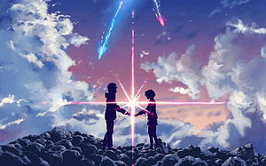 Your Name Anime Scene: Two Silhouettes Reaching for a Glowing Starburst in a Cloudy Sky HD wallpaper