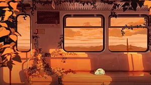 Abandoned Train Car at Sunset with Sleeping Cat and Overgrown Vines HD wallpaper