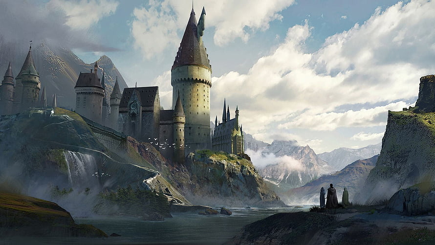 Majestic Fantasy Castle Perched on Cliffside Overlooking River and Mountains HD wallpaper