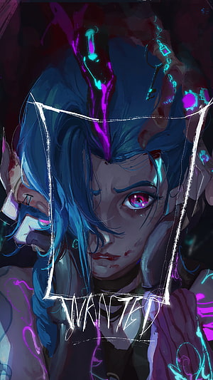 Jinx from Arcane with blue hair and glowing neon accents in a dark wanted poster style HD phone wallpaper