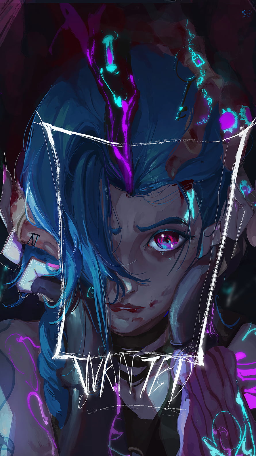 Jinx from Arcane with blue hair and glowing neon accents in a dark wanted poster style HD phone wallpaper
