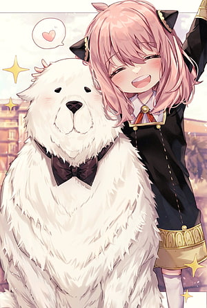 Anya Forger Hugging a Fluffy White Dog in a Black Uniform with a Bow Tie HD phone wallpaper