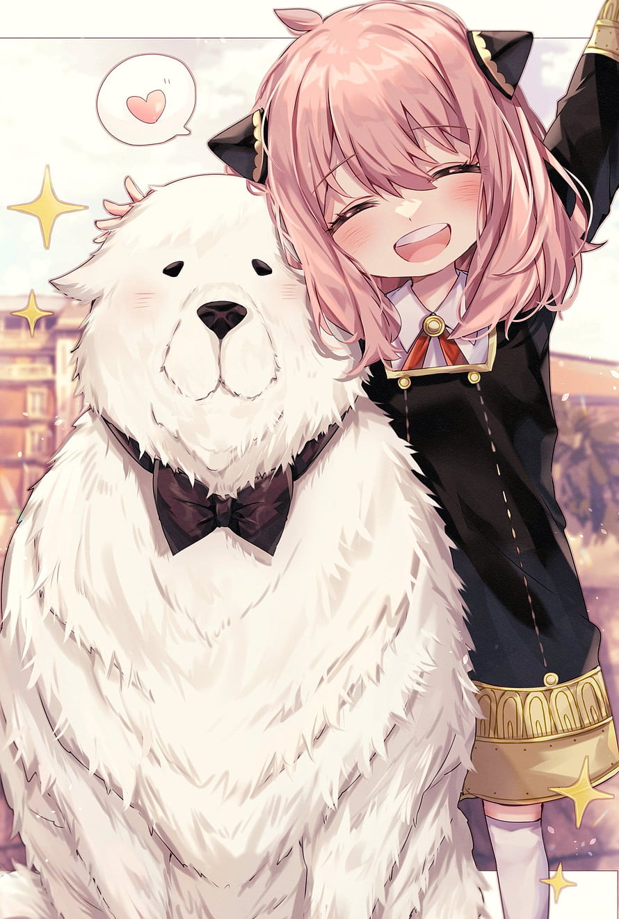 Anya Forger Hugging a Fluffy White Dog in a Black Uniform with a Bow Tie HD phone wallpaper