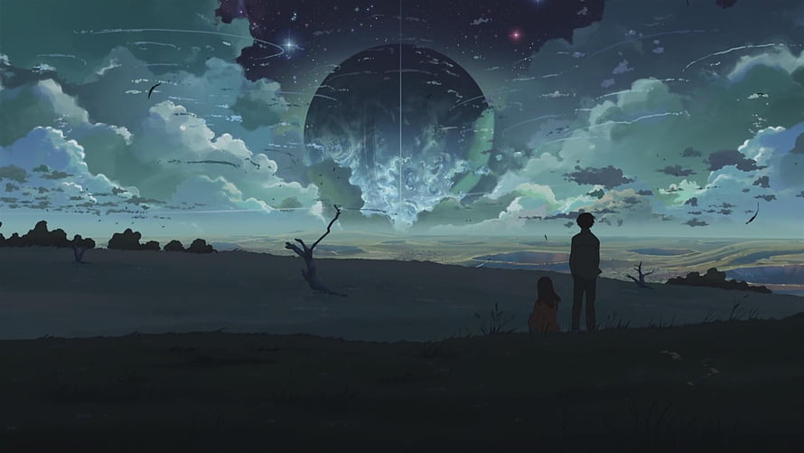 Two Silhouetted Figures Gazing at a Massive Celestial Sphere in a Dreamy Anime Landscape HD wallpaper