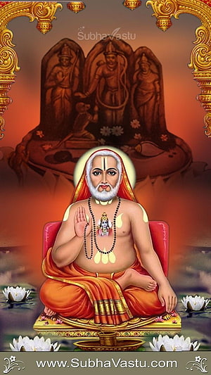 Raghavendra Swamy seated in meditation with sacred lotus flowers and ornate golden frame HD phone wallpaper