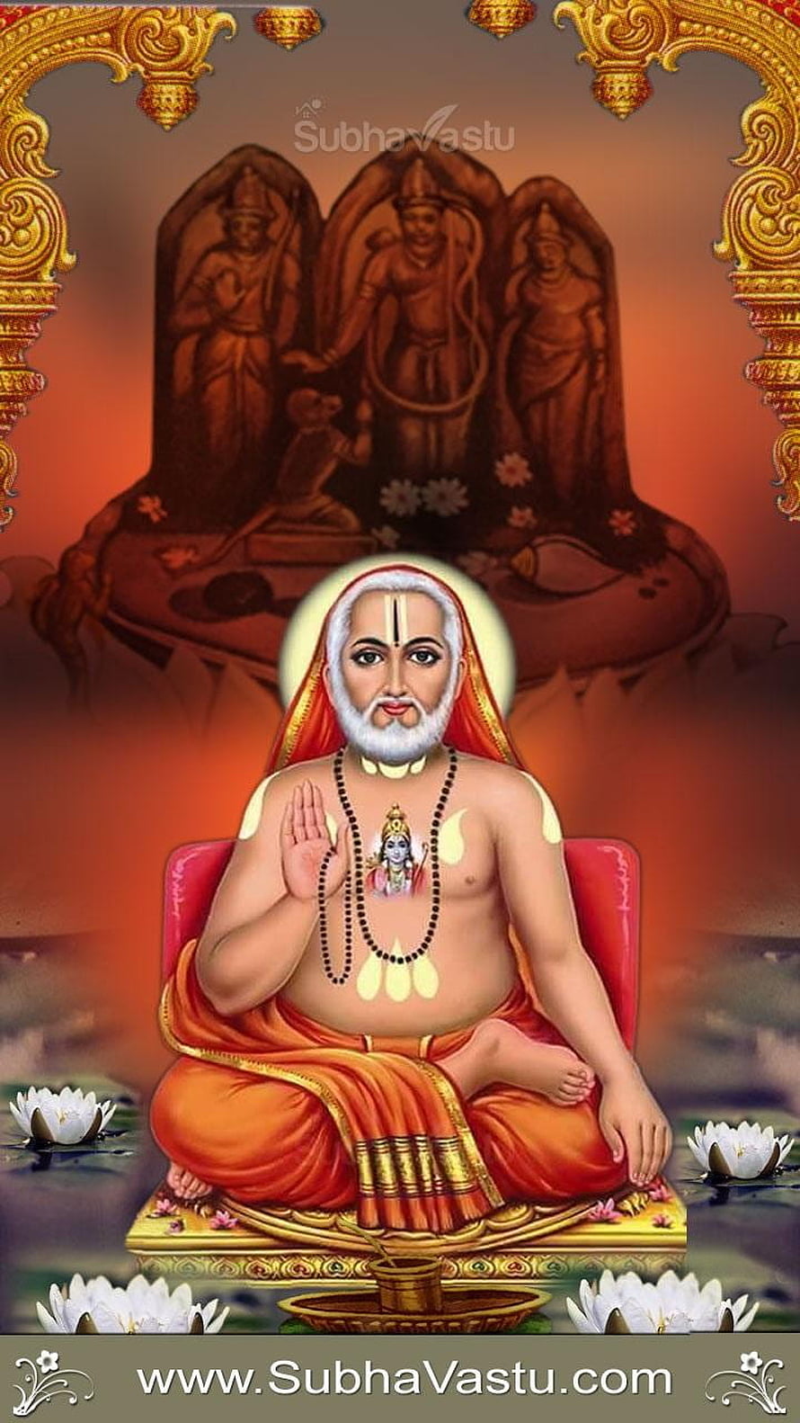Raghavendra Swamy seated in meditation with sacred lotus flowers and ornate golden frame HD phone wallpaper