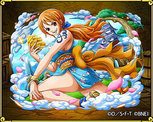 Nami Wano Kuni Arc Anime Illustration with Sakura Petals and Japanese Castle HD wallpaper