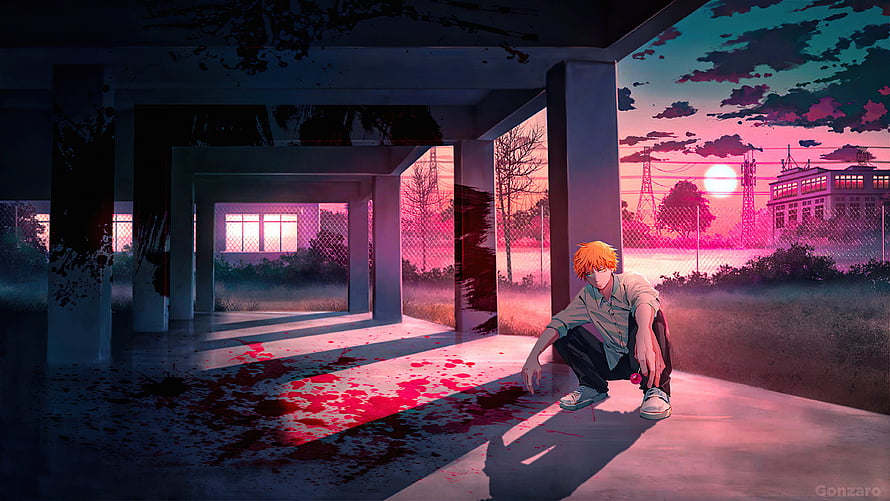 Denji from Chainsaw Man Crouching in an Abandoned Concrete Structure at Sunset, Denji Chainsaw Man Anime Boy , Anime, Backgrounds, and, anime pc HD wallpaper