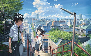 Your Name Anime Scene: Tachibana and Mitsuha on a Sunny Tokyo Staircase HD wallpaper