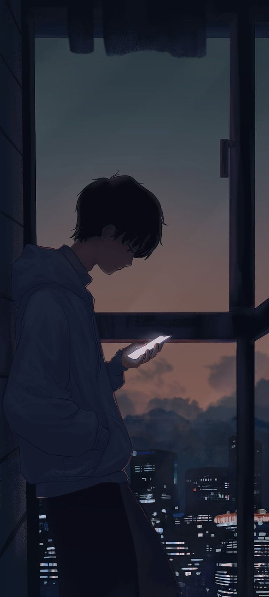 Anime Boy Looking At Phone By Window At Night Cityscape HD phone wallpaper