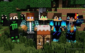 Five Minecraft Skins Standing Together in a Grassy Forest Scene HD wallpaper
