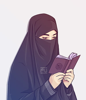Digital illustration of a woman in a dark hijab reading a book with a serene expression, Hijab vector, ukhti HD phone wallpaper