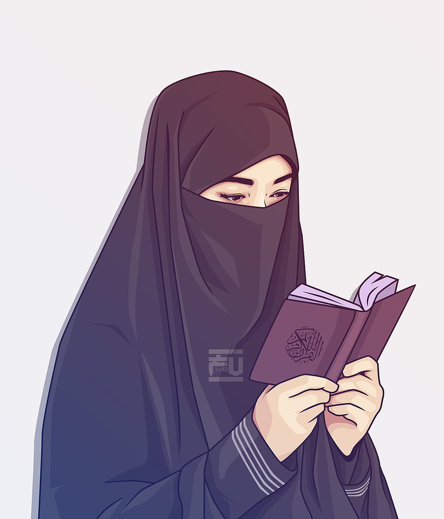 Digital illustration of a woman in a dark hijab reading a book with a serene expression, Hijab vector, ukhti HD phone wallpaper
