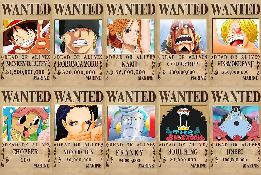 One Piece Straw Hat Pirates Wanted Posters Collection Featuring Luffy Zoro Nami Usopp Sanji Chopper Robin Franki Jinbe HD wallpaper