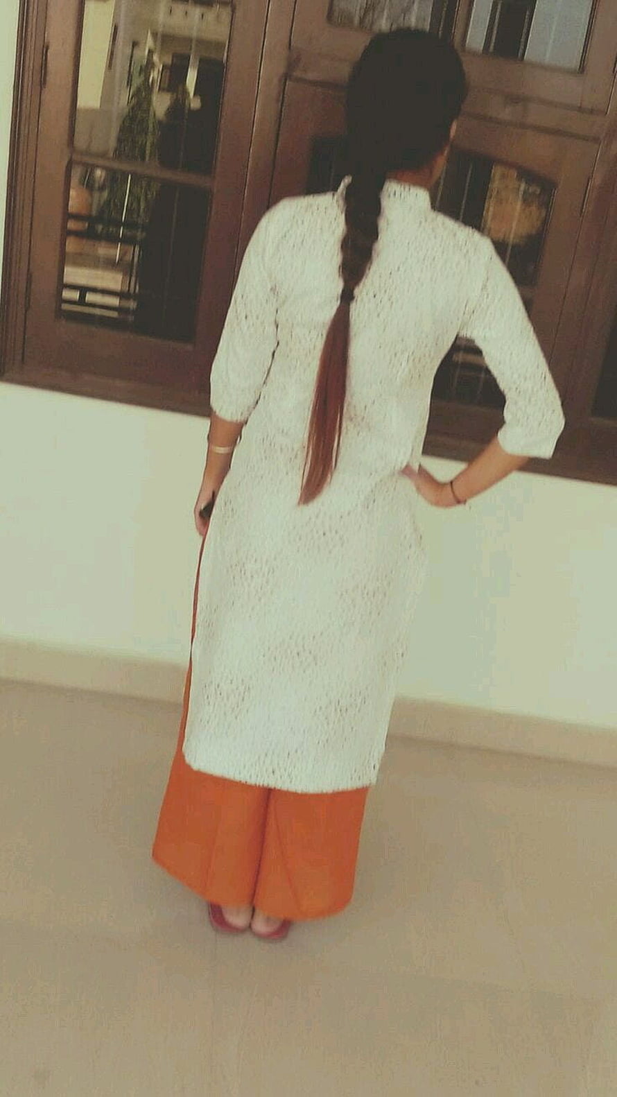Woman in white lace tunic and orange palazzo pants standing by wooden window, 3 Hidden Face Girls Fb Dps 2019 beautiful girls Hidden 2019 Whatsapp Dps for Girls Hidden Face pics of cute girls profile for Facebook & Whatsapp, #dps HD phone wallpaper