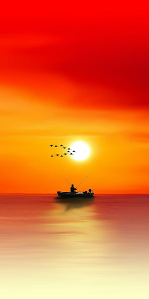 Silhouette of a Fisherman in a Boat on Calm Ocean During Vibrant Red and Orange Sunset with Flying Birds, Oppo Realme 2 & Realme 2 pro Stock in, #realme 2 pro HD phone wallpaper
